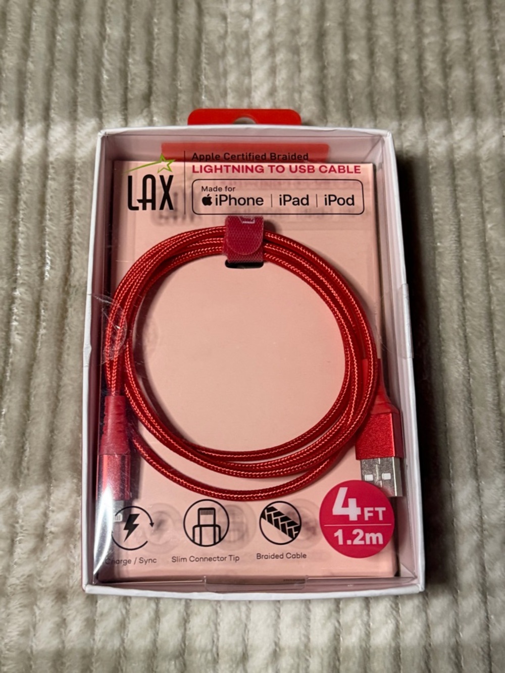 Red Braided Lightning to USB Cable - 4ft